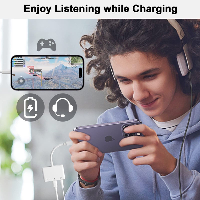 UWECAN محول سماعة رأس مزدوج 3.5 مم 3 في 1 من يونيتركس - محول صوت وشحن - موزع سماعة رأس لهاتف آيفون 14/13/12/11/X/8 - أبيض - Image 5